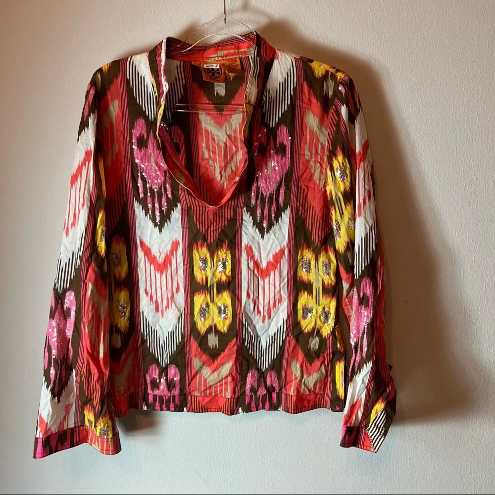 Tory Burch Boho Sequins Embellished Tunic ikat  top orange/ brown size 8